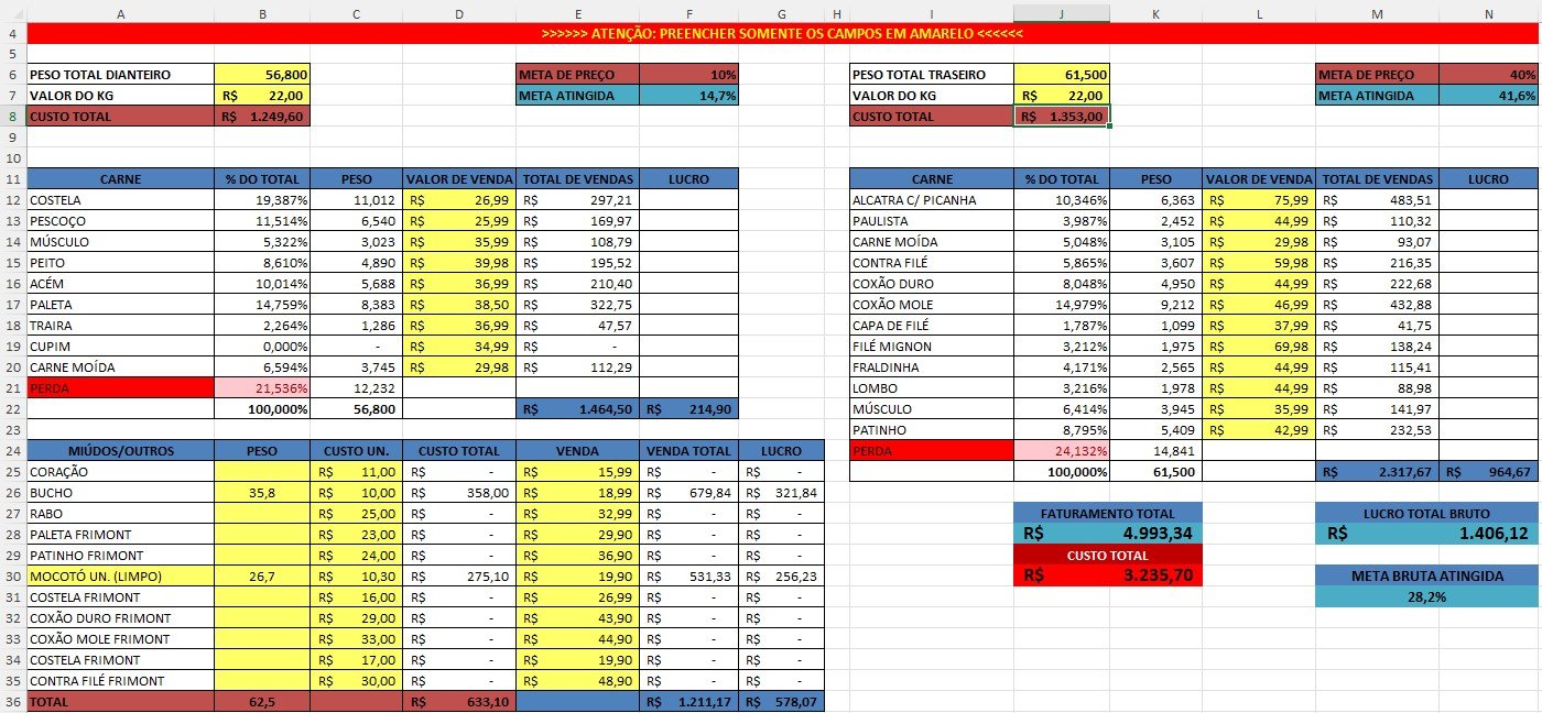 Visual da planilha de cálculo de carne bovina Desossa Fácil